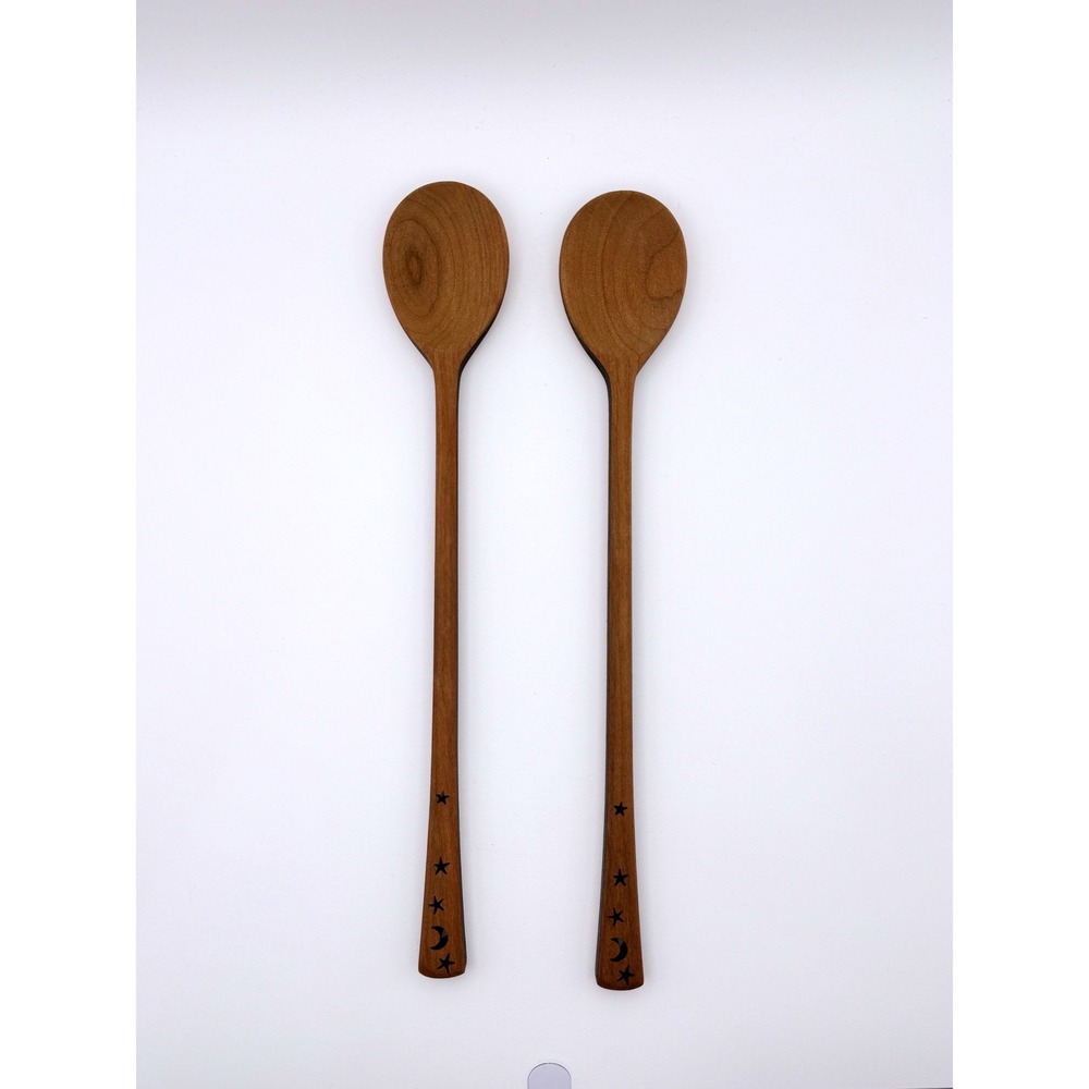 Celestial Wooden Serving Spoons Set of 2‎ Stars Moon Long Handle 11 Inch